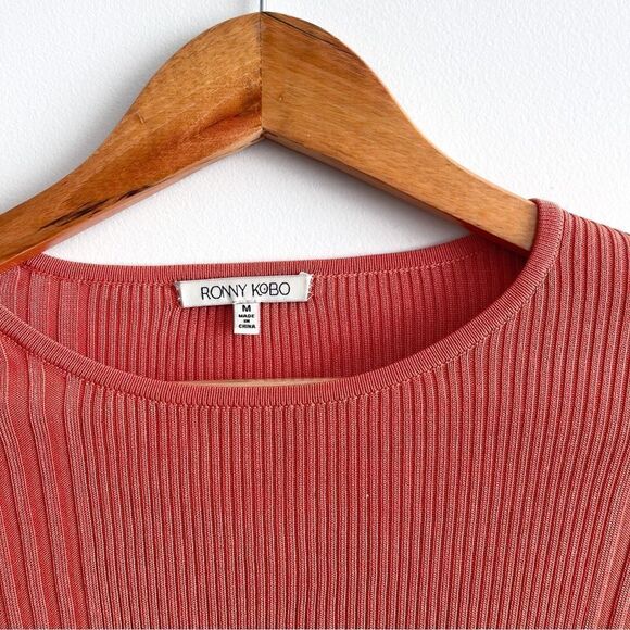 Ronny Kobo Laszlo Ribbed Crop Top Coral Orange Long Sleeve Women's M Stretchy - Picture 5 of 9